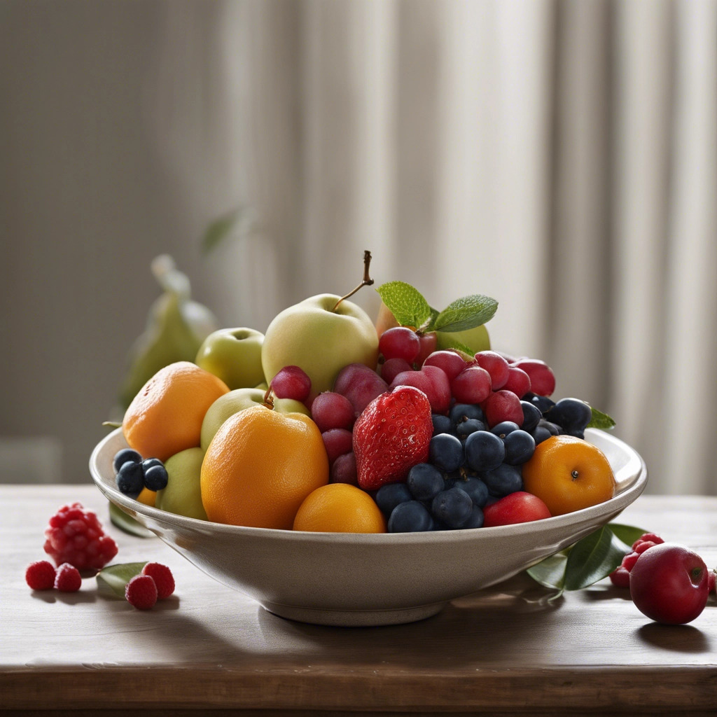 a hyper realistic photograph of a bowl of fresh fruit, with each piece looking incredibly lifelike.